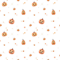 Halloween watercolor saemless pattern. Hand drawn endless texture. Cute orange pumpkins and another elements. Nice festive wallpaper.