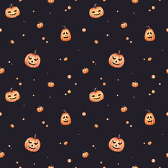 Halloween watercolor saemless pattern. Hand drawn endless texture. Cute orange pumpkins and another elements on a dark background. Nice festive wallpaper.