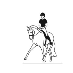 Simple black and white illustration, rider and a horse perform elements of dressage, half pass