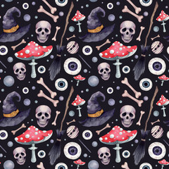 Nice hand drawn ornament. Helloween decorations, witch hat, broom,  skull, lollipops, eyes, bones, fly agarics on a dark background. Hellowen seamless pattern. Watercolor festive endless texture.