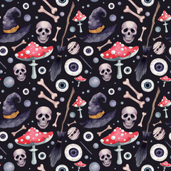 Nice hand drawn ornament. Helloween decorations, witch hat, broom,  skull, lollipops, eyes, bones, fly agarics on a dark background. Hellowen seamless pattern. Watercolor festive endless texture.
