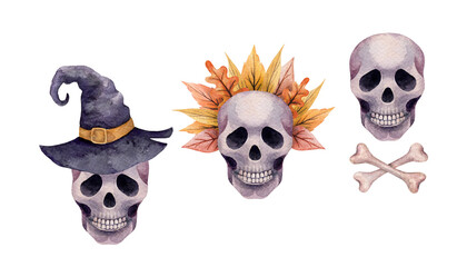Watercolor skull in witch hat, skull in autumn wreath, bones. Three halloween elements on white background isolated.