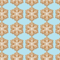 Seamless pattern with Gingerbread snowflake cookie on blue. Traditional Christmas bakingg. Winter Holiday symbol. Tasty cookie. Seasonal repeated background for textile, wrapping paper, wallpaper
