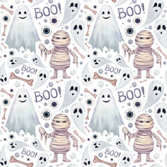 Watercolor seamless pattern with cute ghosts, mummy, bones and eyes. Endless texture on white background isolated. Happy Helloween!