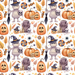 Hellowen seamless pattern. Watercolor hand drawn endless texture. Nice festive ornament. Helloween decorations, pumpkins, mummy, skull, head stone, bones, broom, autumn leaves on white background.