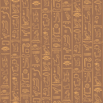 Ancient Egypt. Vintage seamless pattern with Egyptian hieroglyph symbols. Retro hand drawn vector repeating illustration.