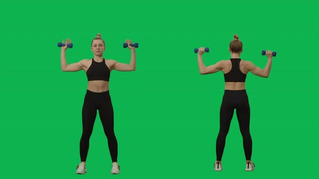 Young woman in sportswear does exercises with dumbbells. Hand workout, fitness for women. 2 in 1 Collage Front and back view full length on green screen background. Slow motion ready 59.94fps.