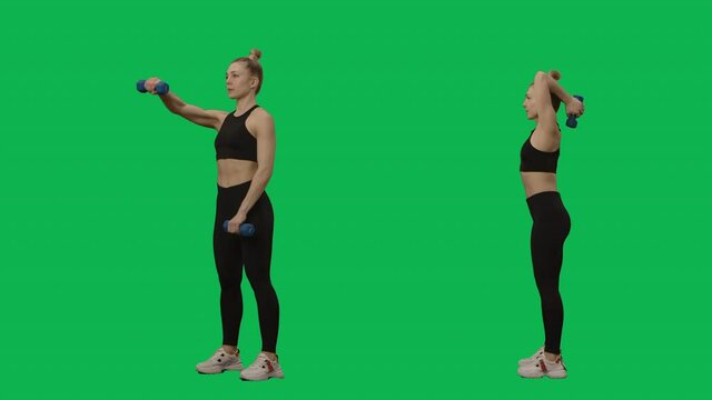 Young woman in sportswear does exercises with dumbbells. Hand workout, fitness for women. 2 in 1 Collage Front and side view full length on green screen background. Slow motion ready 59.94fps.