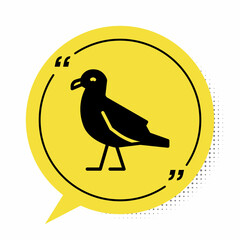 Black Bird seagull icon isolated on white background. Yellow speech bubble symbol. Vector