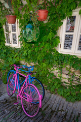 Fototapeta na wymiar Two old bicycles, blue and pink