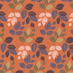 Colorful seamless pattern from leaves. Vector illustration. Illustration in doodle style. Texture for printing on textiles and printing, for interior decoration.