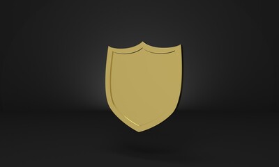 3d medieval golden shield icon on black background. Protection symbol. Security and defense concept