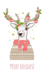 Poster Hand drawn illustration of Christmas deer in green sweater . Hipster in glasses and hat. © marianna_p