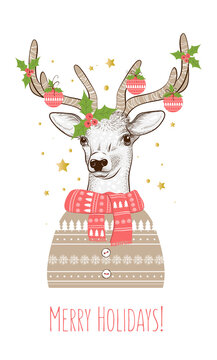 Hand drawn illustration of Christmas deer in green sweater . Hipster in glasses and hat.