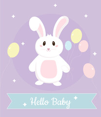 Cute Card Hello Baby. Newborn congratulation. Cartoon cute rabbit with balloons. Baby shower