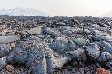 The frozen lava of the Kamchatka volcano, alien landscape.