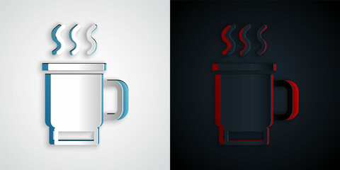 Paper cut Cup of tea icon isolated on grey and black background. Paper art style. Vector