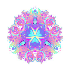 Fototapeta na wymiar Sacred geometry symbol with all seeing eye in acid colors. Mystic, alchemy, occult concept. Design for indie music cover, t-shirt print, psychedelic poster, flyer. Astrology, esoteric, religion.