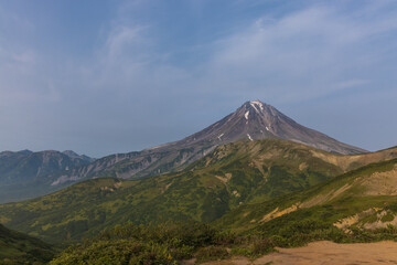 Mutnovsky volcano Kamchatka, green volcanic landscape.