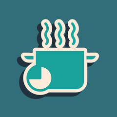 Green Cooking pot and kitchen timer icon isolated on green background. Boil or stew food symbol. Long shadow style. Vector