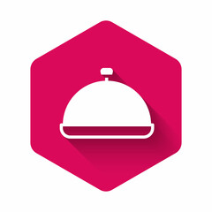 White Covered with a tray of food icon isolated with long shadow background. Tray and lid sign. Restaurant cloche with lid. Pink hexagon button. Vector