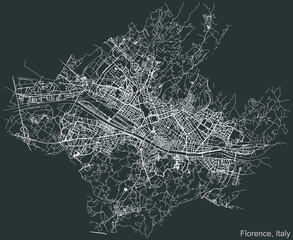 Detailed negative navigation urban street roads map on dark gray background of the Italian regional capital city of Florence, Italy
