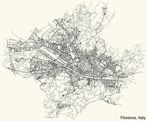 Detailed navigation urban street roads map on vintage beige background of the Italian regional capital city of Florence, Italy