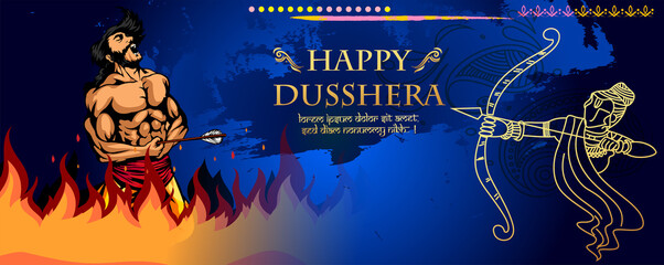Greeting card of happy dusshera with bow and illustration of Lord Rama killing Ravana in Navratri Happy Dusshera festival of India(happy Vijayadashami). Vector illustration.