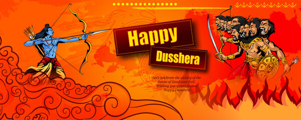 Greeting card of happy dusshera with bow and illustration of Lord Rama killing Ravana in Navratri Happy Dusshera festival of India(happy Vijayadashami). Vector illustration. - obrazy, fototapety, plakaty