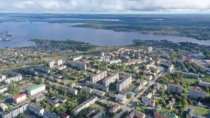 View of the city of Kondopoga. Houses. Lake.