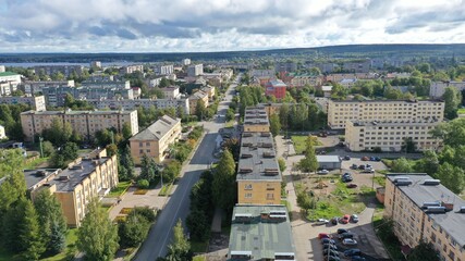 Obraz premium View of the city from above. Houses. Lake.