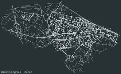 Detailed negative navigation urban street roads map on dark gray background of the quarter Quartiere 4 Isolotto-Legnaia district of the Italian regional capital city of Florence, Italy