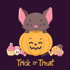 Halloween trick or treat greeting with a cute little bat