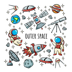 Hand drawn icon set with astronaut, satellite, rocket and planets in doodle style. Collection of hand drawn doodles outer space. © Alexander