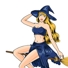 Halloween sexy girl on broom in pop art retro style isolated on white background. Halloween Blonde Woman wearing witch costume with a hat vector illustration