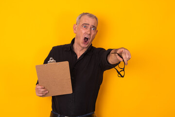 isolated businessman yelling and pointing