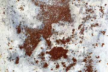 Damaged old peeling paint white background rusty metal flat pallet. Cracked oil paint on aged metal surface. Close-up.