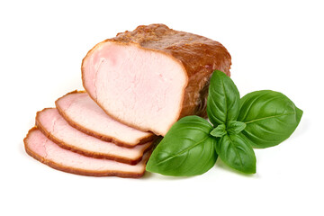 Smoked meat, sliced smoked pork loin, isolated on white background.