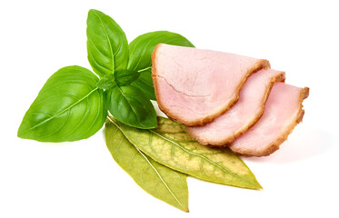 Natural smoked pork loin slices, isolated on white background.