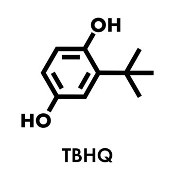 TBHQ (tert-Butylhydroquinone) antioxidant preservative molecule. Skeletal formula.