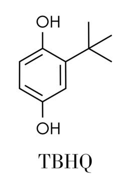 TBHQ (tert-Butylhydroquinone) antioxidant preservative molecule. Skeletal formula.