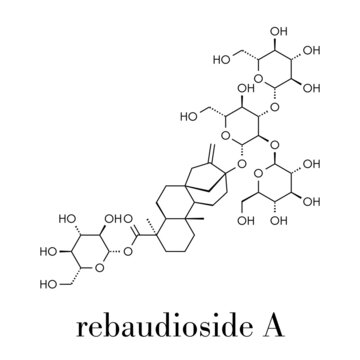 Rebaudioside A molecule. One of the main steviol glycosides found in stevia plants, used as sweetener. Skeletal formula.