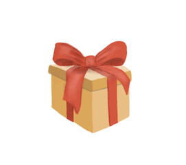 Drawn gift box with a red bow. Congratulations on the holiday
