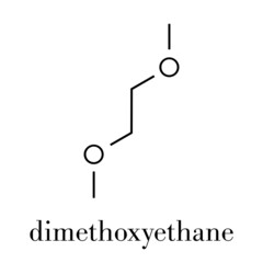 Dimethoxyethane (glyme, DME, dimethylene glycol) chemical solvent molecule. Skeletal formula.