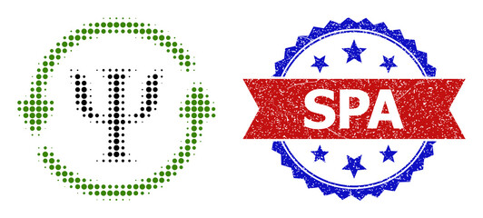 Halftone mental recovery icon, and bicolor grunge Spa seal stamp. Halftone mental recovery icon is designed with small round dots. Vector imprint with grunge bicolored style,