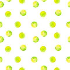 Seamless watercolor pattern with green polka dot. Spotted illustration for wallpapers, pattern, background, print, decor, design, textures, textiles, fabrics, templates