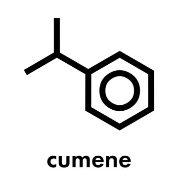 Cumene (isopropylbenzene) aromatic hydrocarbon molecule. Skeletal formula.