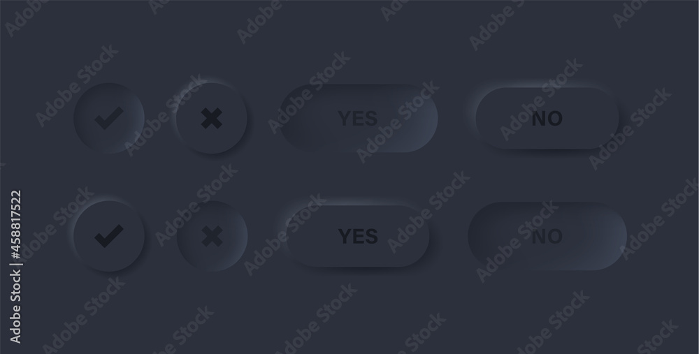Poster checkmark icon button in black neumorphism buttons - tick and cross icons symbols in modern neumorphic circle with black background - ui ux user interface for apps and website
