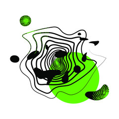 Abstraction in techno web style, with green, black circles and wires for design, wallpaper, background, layout, brochures, posters, patterns, textures, decor, textiles, fabrics, banners, templates