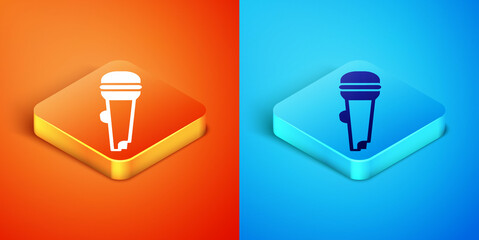 Isometric Microphone icon isolated on orange and blue background. On air radio mic microphone. Speaker sign. Vector